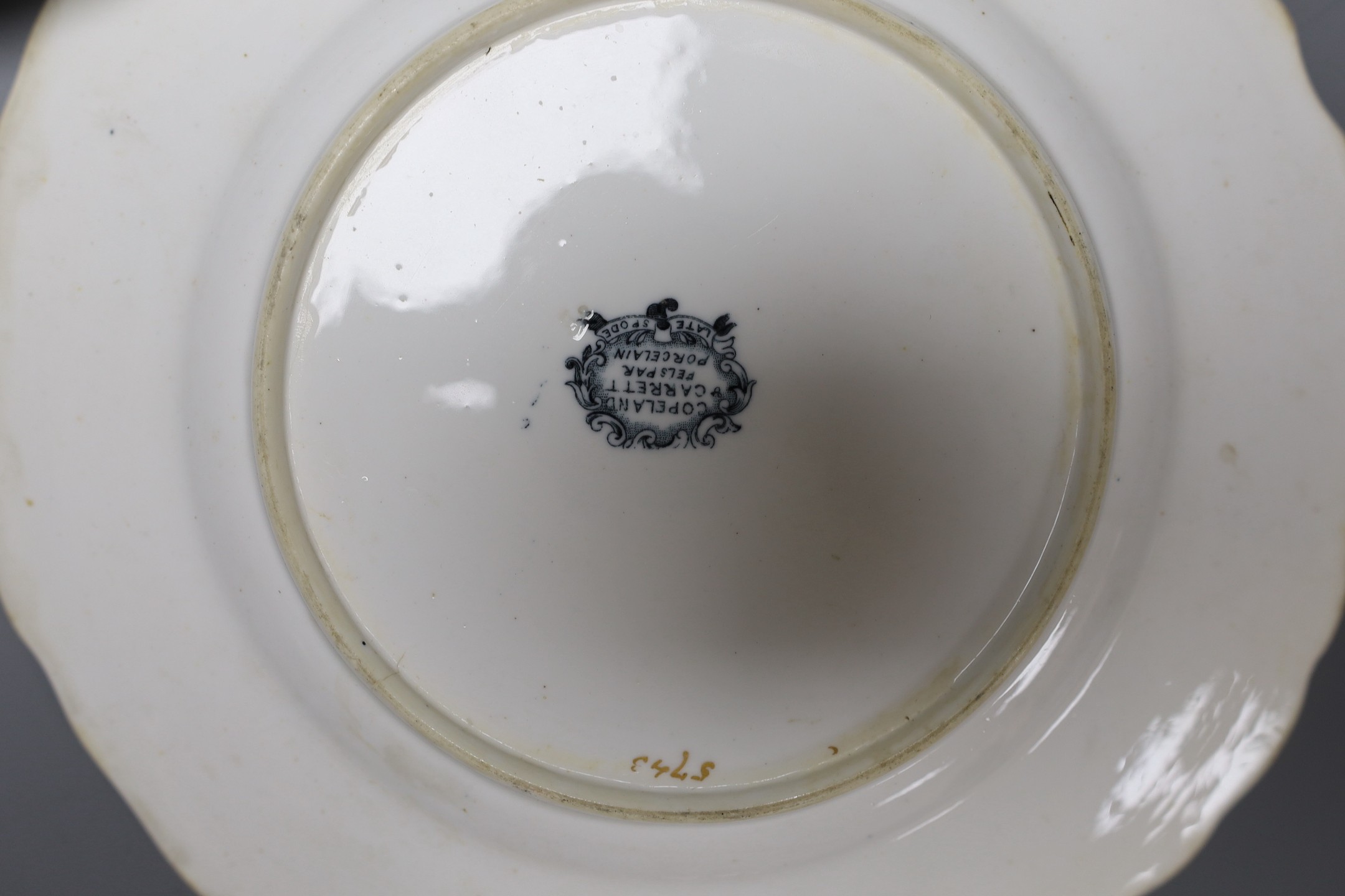 A set of six Copeland Garrett Late Spode dessert dishes, painted with botanical specimens, together with a pair of Victorian two handled cake dishes (8)